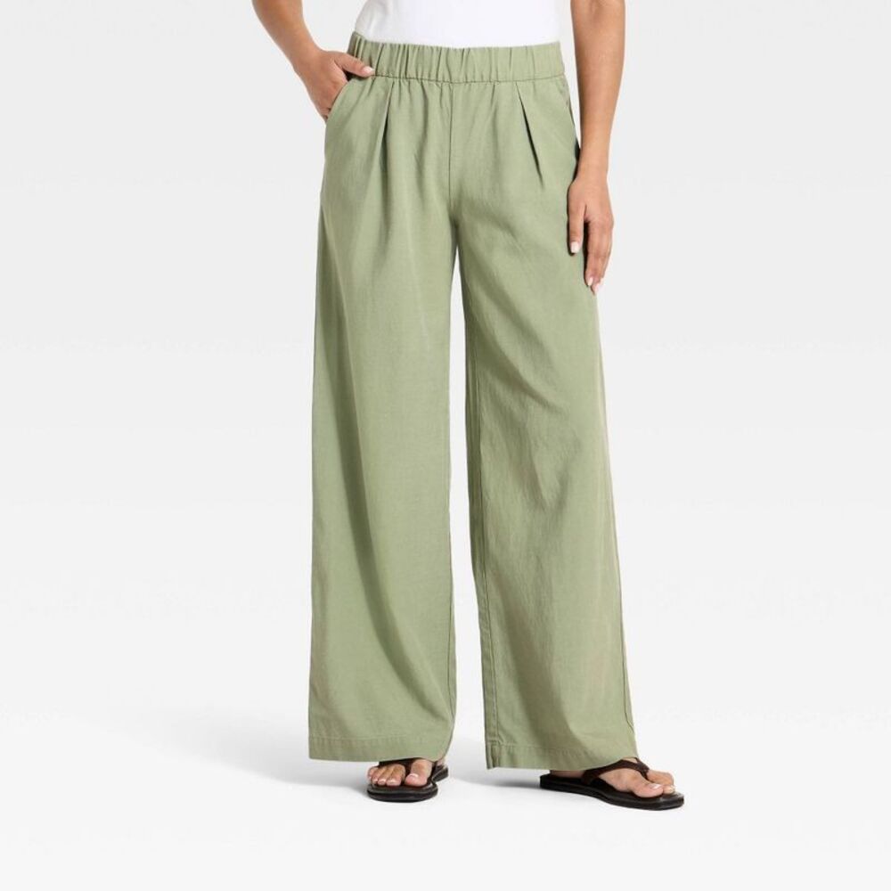 Women's Mid-Rise Wide Leg Pull On Pants - Olive Green XS